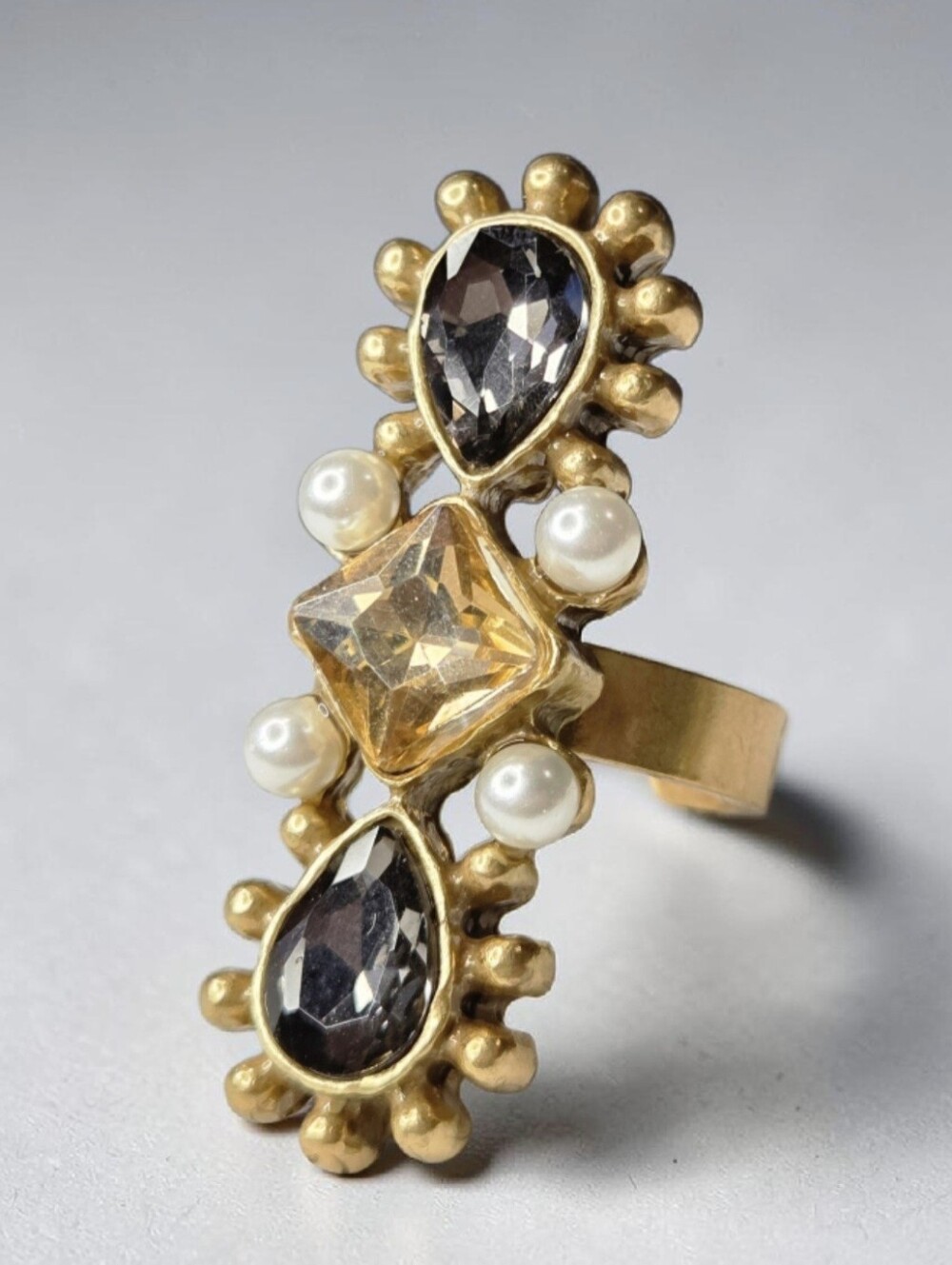 18k Matte Gold Plated Smoky Quartz Champagne Crystal Pearl Statement Ring
